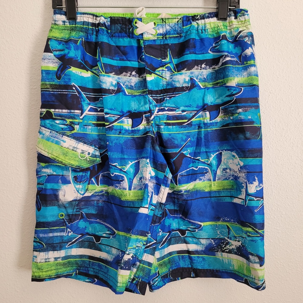 OP Ocean Pacific Boys Blue Shark Print Swim Trunks Lined Cargo Pocket XL 14-16